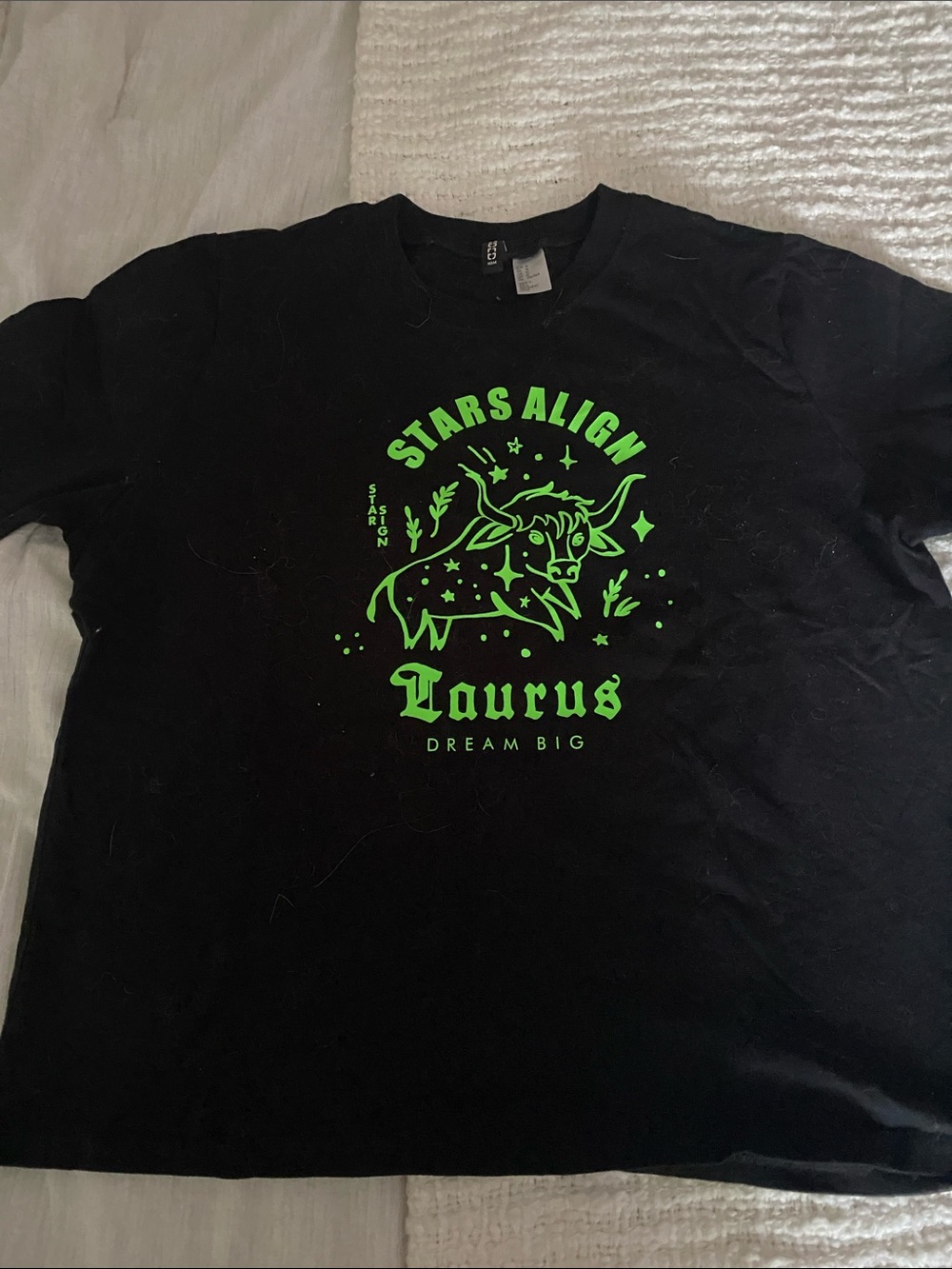 H&M Black Tee with Neon Green 'Stars Align' Taurus Graphic